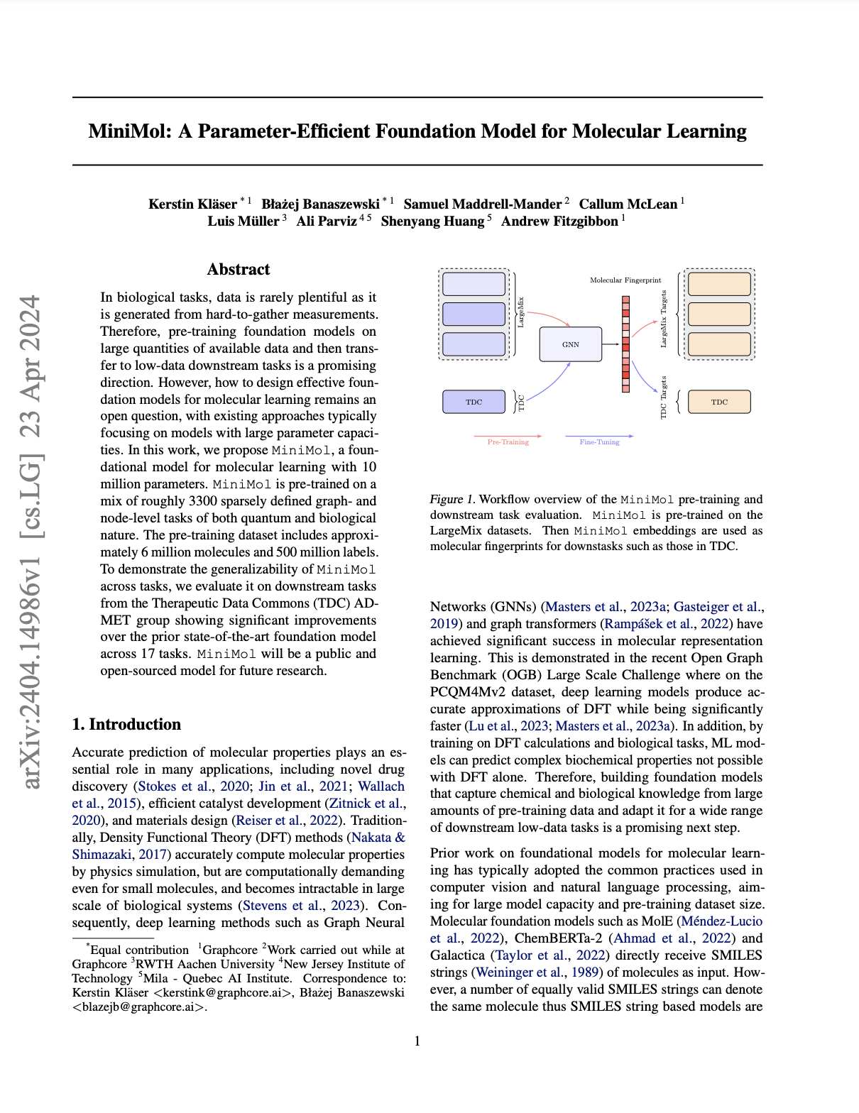 Graphcore, RWTH Aachen University, New Jersey Institute of Technology, Mila: 𝙼𝚒𝚗𝚒𝙼𝚘𝚕: A Parameter-Efficient Foundation Model for Molecular Learning