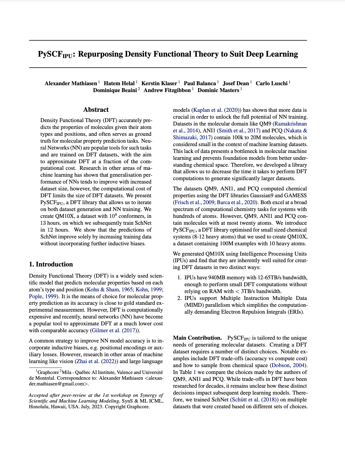 Graphcore, Mila, Valence & Universite de Montreal: PySCFIPU: Repurposing Density Functional Theory to Suit Deep Learning