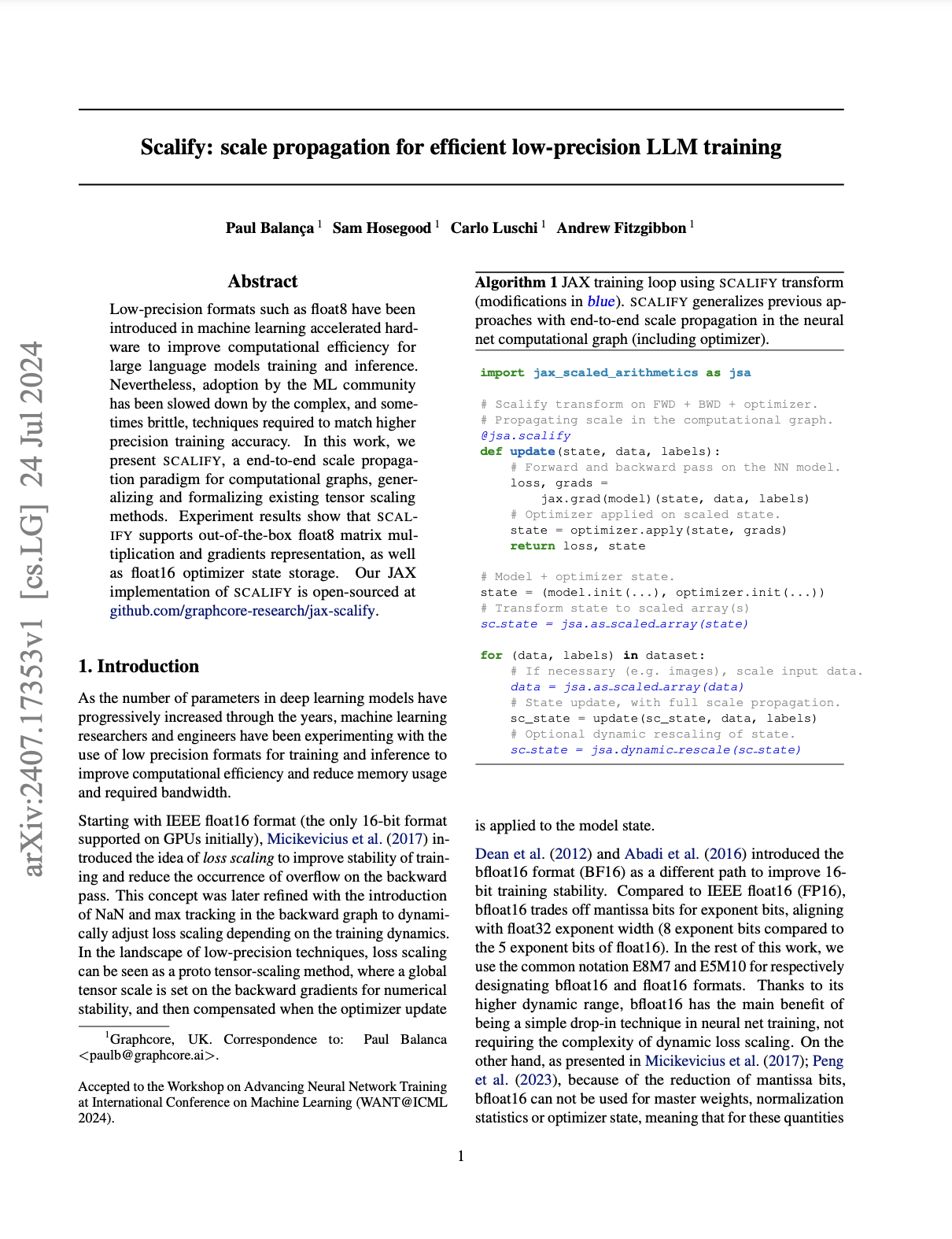 Graphcore: Scalify: scale propagation for efficient low-precision LLM training