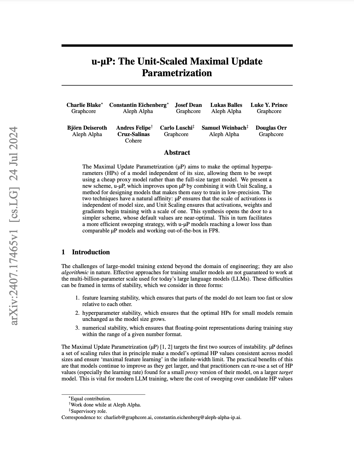 Aleph Alpha, Cohere & Graphcore: u-µP: The Unit-Scaled Maximal Update Parametrization